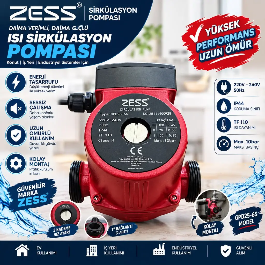 ZESS GPD 25_6 S 230 V 50HZ Sirkülasyon Pompası 3 Kademeli Kombi ve Isıtma Sistemleri ZESS GPD 25_6 S 230 V 50HZ Sirkülasyon Pompası 3 Kademeli Kombi ve Isıtma Sistemleri