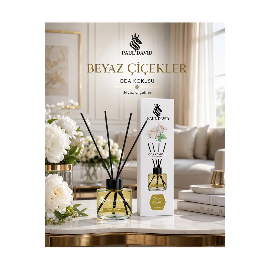 Beyaz Çiçekler Yüksek Koku Yayılımlı Dekoratif Bambu Çubuklu Oda Kokusu 145 ml