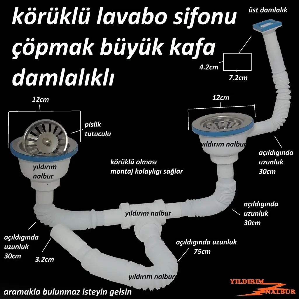 Çöpmak Körüklü Sifon Üstten Damlalıklı Çiftli Büyük Kafa Evye Sifonu Lavabo Gideri Pislik Tutuculu Çöpmak Körüklü Sifon Üstten Damlalıklı Çiftli Büyük Kafa Evye Sifonu Lavabo Gideri Pislik Tutuculu